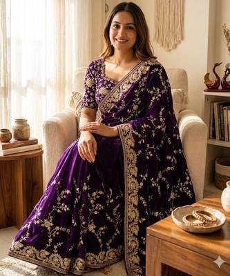 Dark-purple silk blend zari work embroidered saree 4