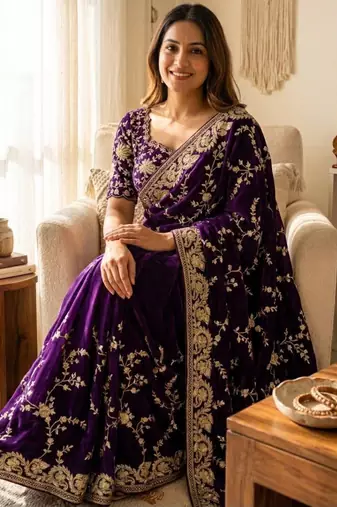 Dark-purple silk blend zari work embroidered saree