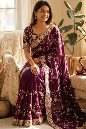 Wine silk blend zari work embroidered saree