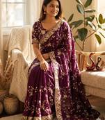 Wine silk blend zari work embroidered saree