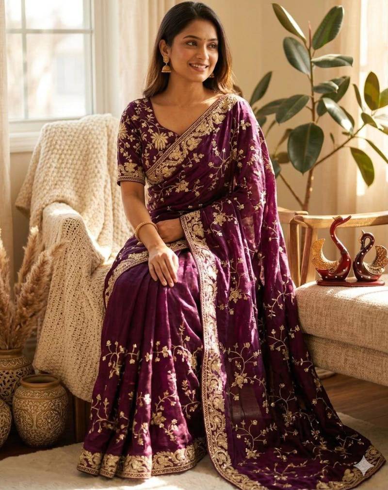 Wine silk blend zari work embroidered saree