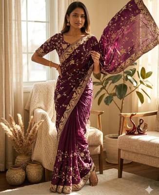 Wine silk blend zari work embroidered saree 2