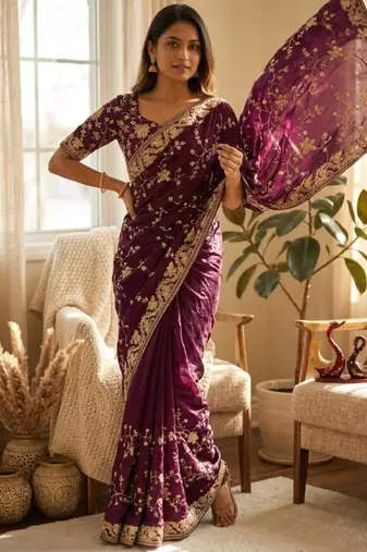 Wine silk blend zari work embroidered saree