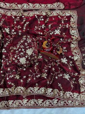 Wine silk blend zari work embroidered saree 3