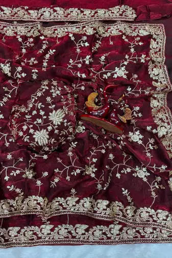 Wine silk blend zari work embroidered saree