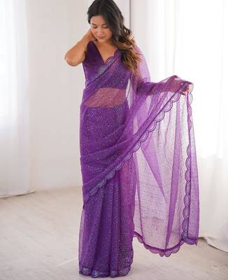 Purple net thread work embroidered saree 1