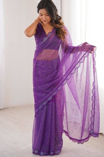 Purple net thread work embroidered saree