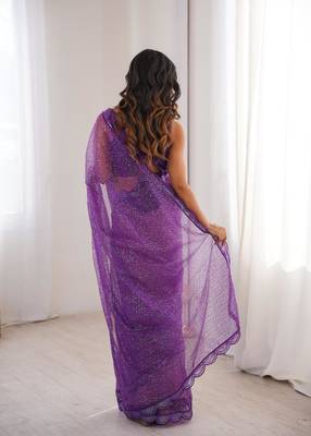 Purple net thread work embroidered saree 2