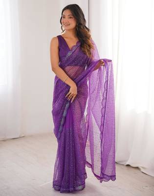Purple net thread work embroidered saree 3
