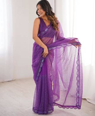 Purple net thread work embroidered saree 4