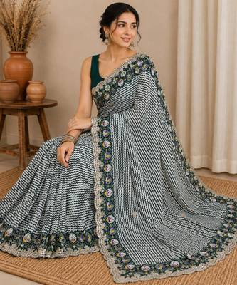 dark-green silk blend lehariya embroidered saree 1