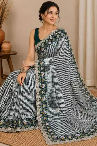 dark-green silk blend lehariya embroidered saree
