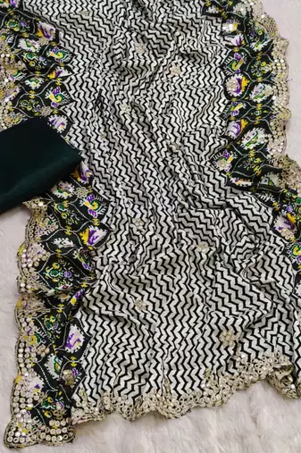 dark-green silk blend lehariya embroidered saree