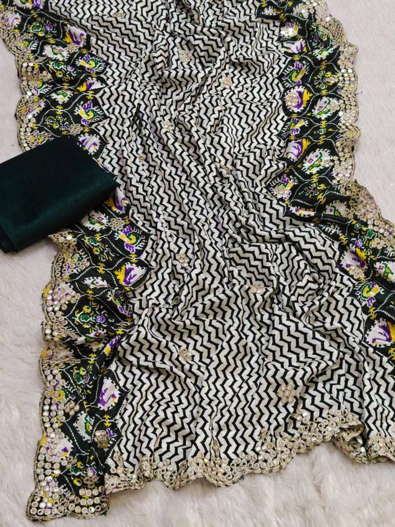dark-green silk blend lehariya embroidered saree