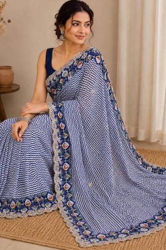 Blue silk blend lehariya printed saree