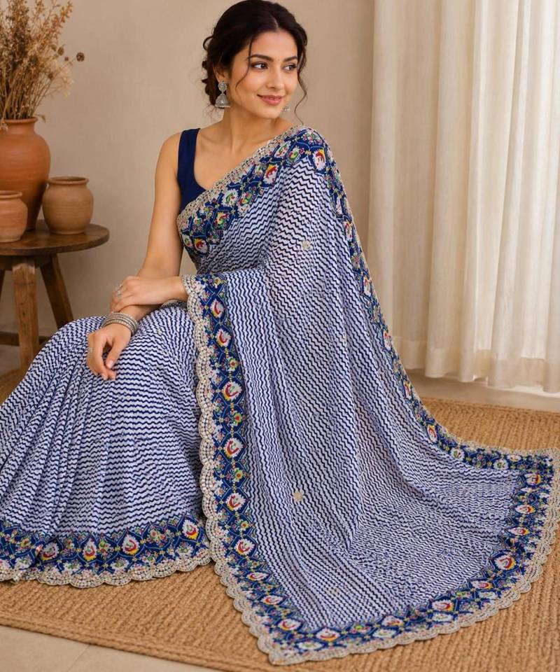 Blue silk blend lehariya printed saree
