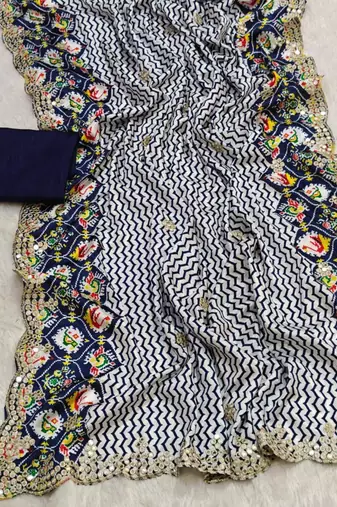 Blue silk blend lehariya printed saree