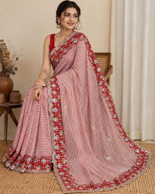 Red silk blend lehariya embroidered saree 1