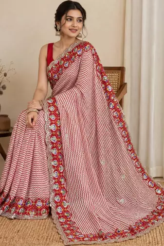 Red silk blend lehariya embroidered saree