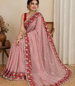 Red silk blend lehariya embroidered saree