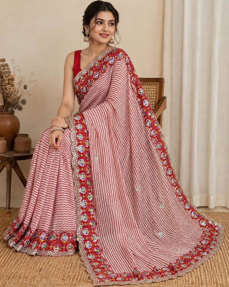 Red silk blend lehariya embroidered saree