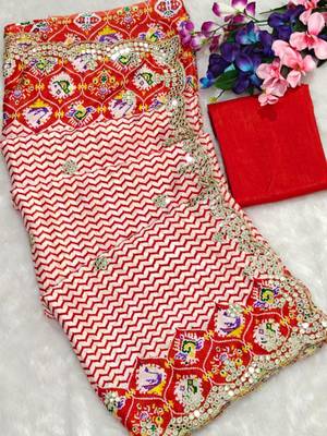 Red silk blend lehariya embroidered saree 2