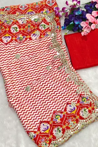 Red silk blend lehariya embroidered saree