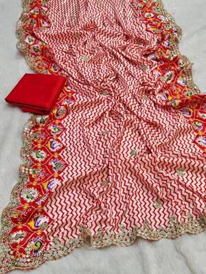 Red silk blend lehariya embroidered saree 3