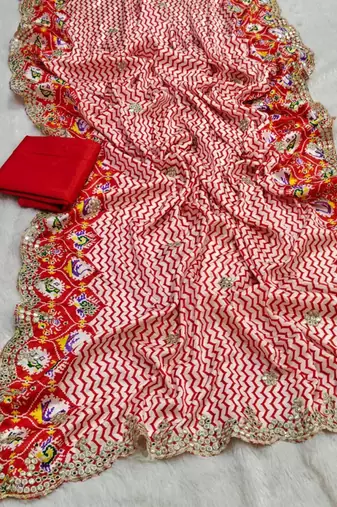 Red silk blend lehariya embroidered saree
