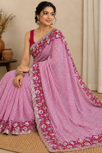 Pink silk blend lehariya printed saree