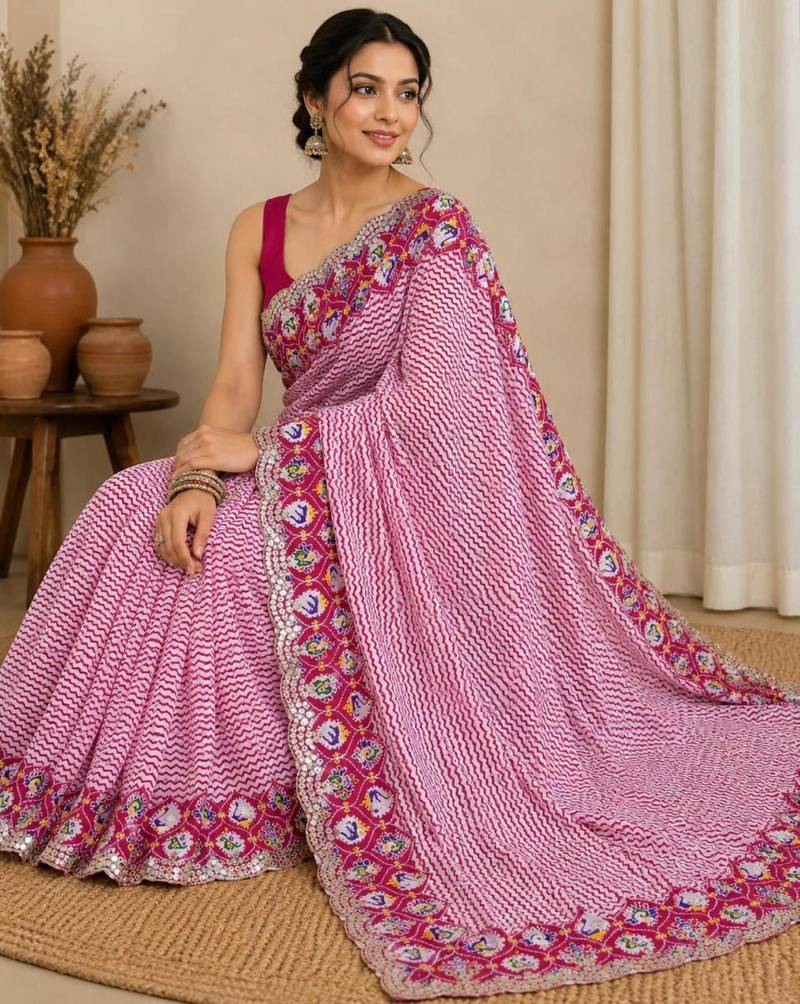 Pink silk blend lehariya printed saree