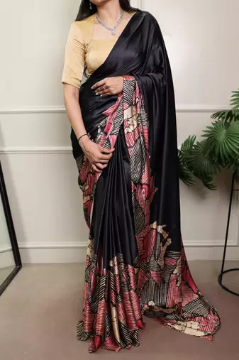 Black silk blend abstract print printed saree