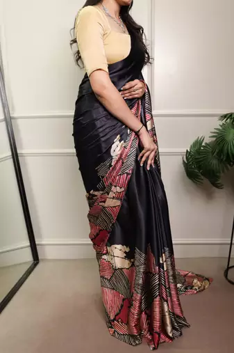 Black silk blend abstract print printed saree