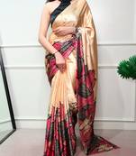 Cream silk blend batik printed saree
