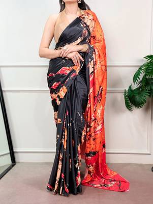 Black silk blend batik printed saree 1