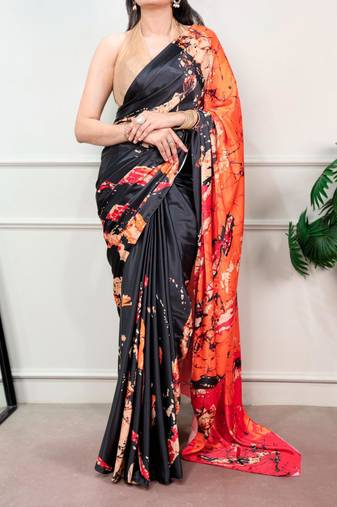 Black silk blend batik printed saree