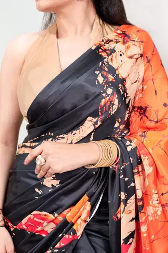 Black silk blend batik printed saree