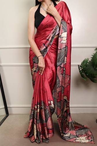 Maroon silk blend abstract print printed saree
