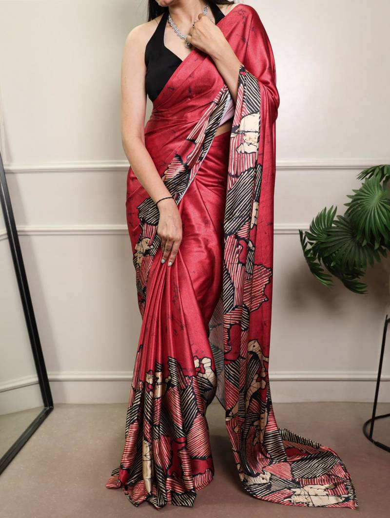 Maroon silk blend abstract print printed saree