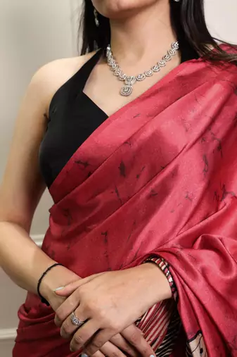 Maroon silk blend abstract print printed saree
