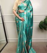 Turquoise silk blend abstract print printed saree