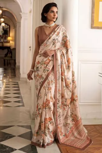 cream silk blend floral printed saree