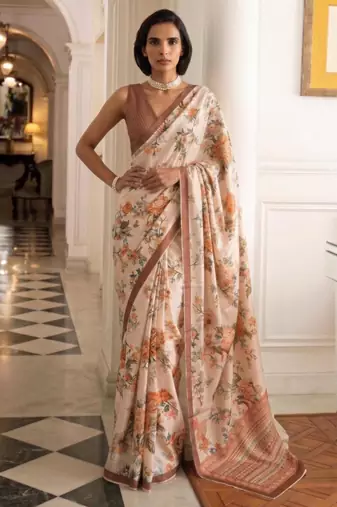 cream silk blend floral printed saree