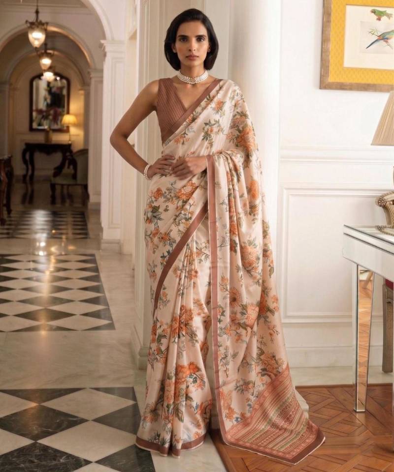 cream silk blend floral printed saree