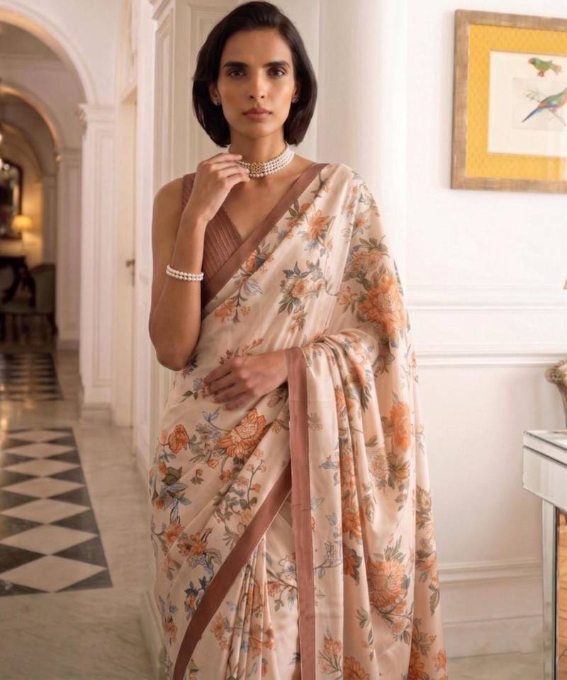 cream silk blend floral printed saree