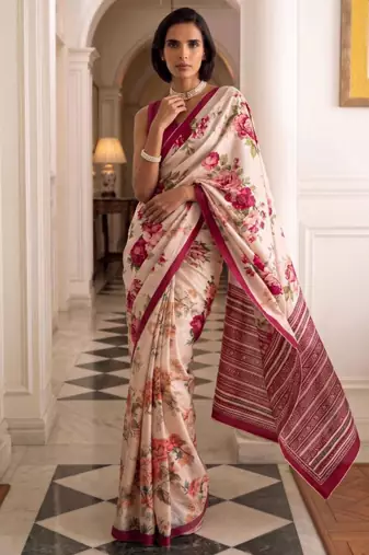 cream silk blend floral printed saree