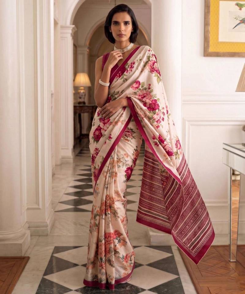cream silk blend floral printed saree