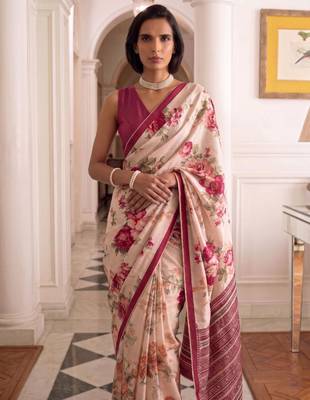 cream silk blend floral printed saree 3