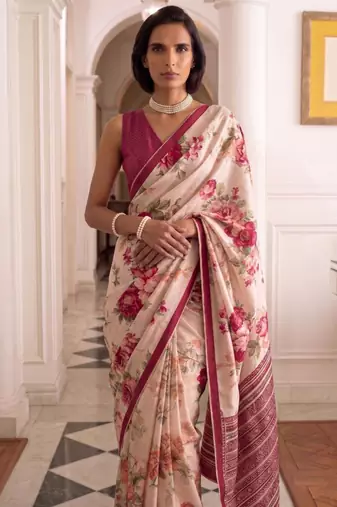 cream silk blend floral printed saree