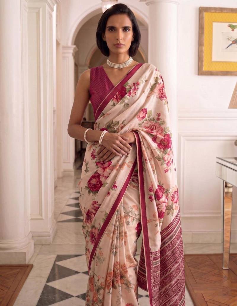 cream silk blend floral printed saree